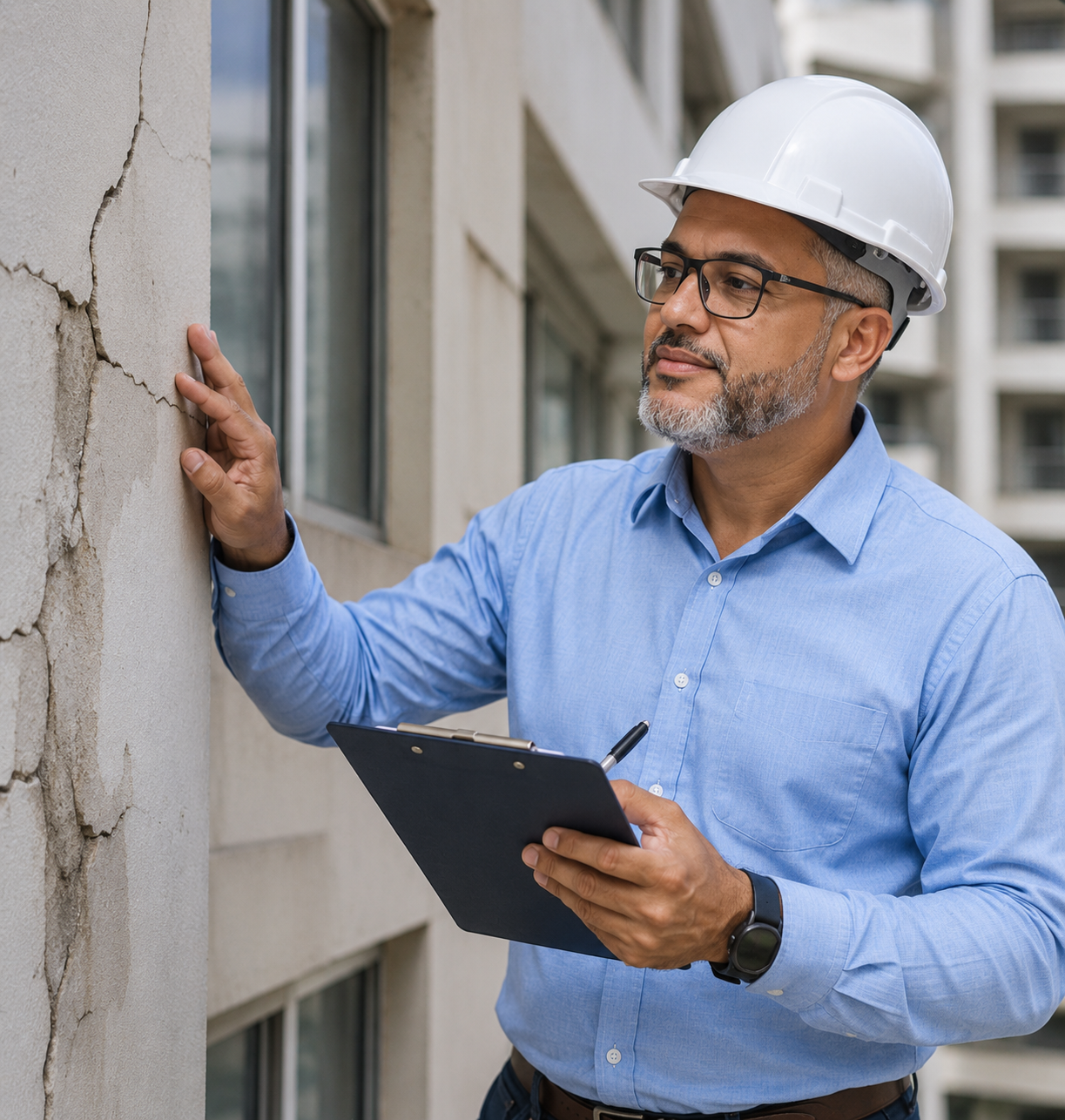 Engenheiro da Versátil realizando inspeção técnica em edifício