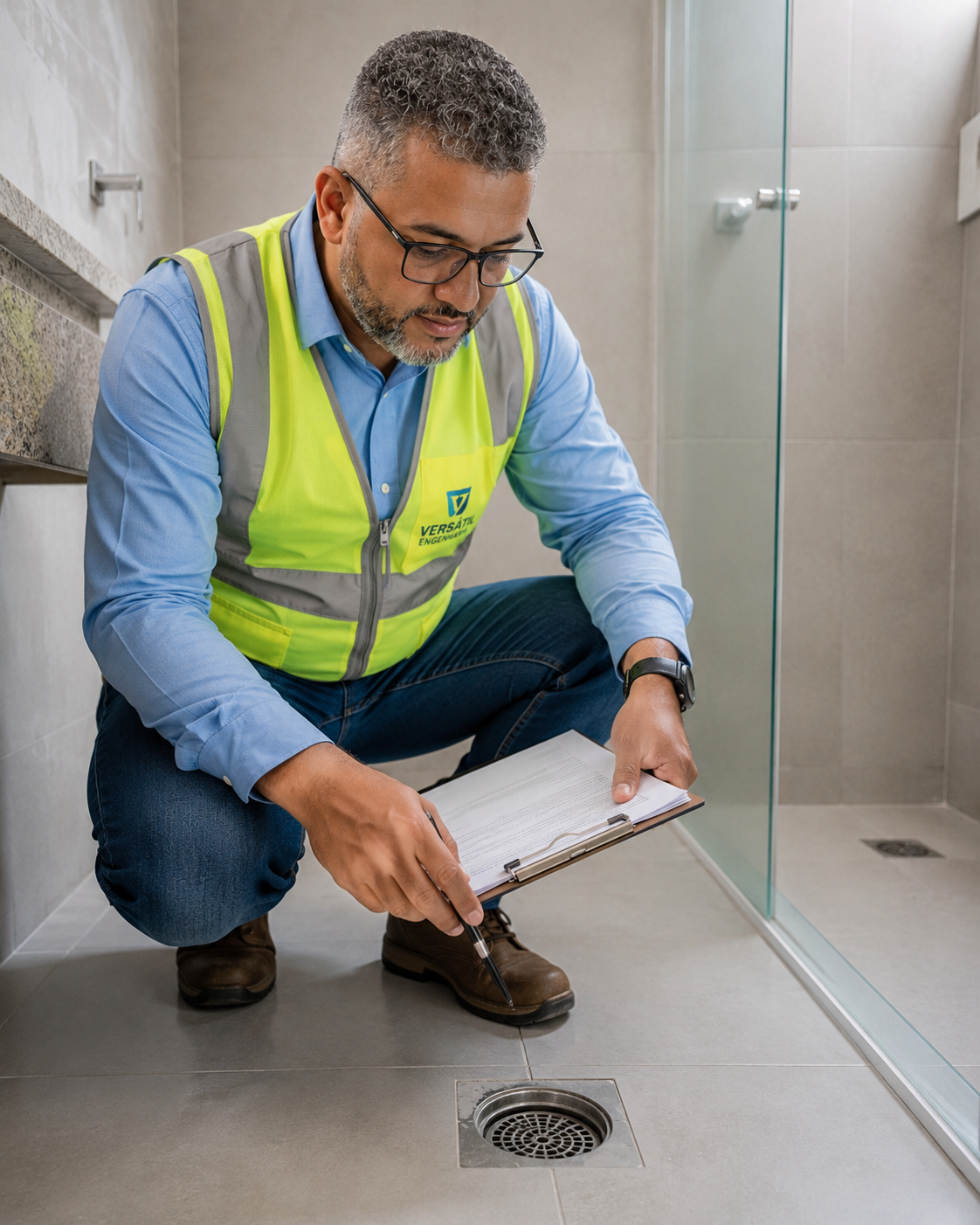 Engenheiro da Versátil inspecionando detalhes do imóvel